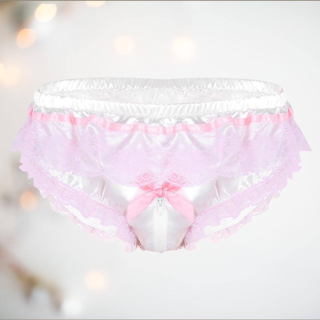 White Satin And Pink Lace Panties For Lgbtq Men Gay Anyone House Of Chastity 3513