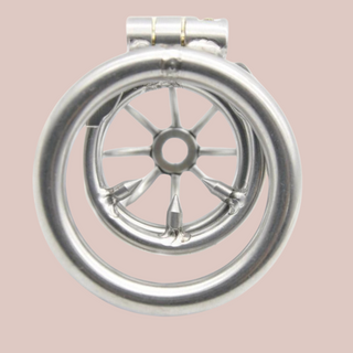 An extra small stainless steel chastity cage with an umbrella bar design, it comes with a detachable urethral tube, detachable barbed ring and comes with an integral lock.