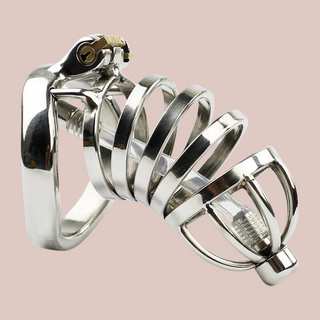 A silver stainless steel chastity cage with full submission fountain bar head design, four circular rings that fit into the base ring to allow the integral lock to fix into place. There is also a urethral tube that has a matching metal top for fixing in place.