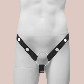 The 3 point chastity belt shown in black, it has been assembled with a large base ring in this image.