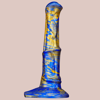 The blue/gold horse dildo from house of chastity, shown is the realistic shape and the base colour, gold variation  that makes for a stunning resulting dildo.