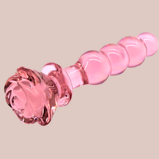 An alternate view of the rose pink beaded dildo, you can see the blossoming rose.