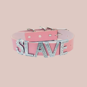 The Diamante Slave Collar, shown with a pink collar and diamante lettering