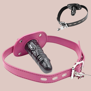 The Large Dildo Mouth Gag in pink, in the top right is the black small gag.