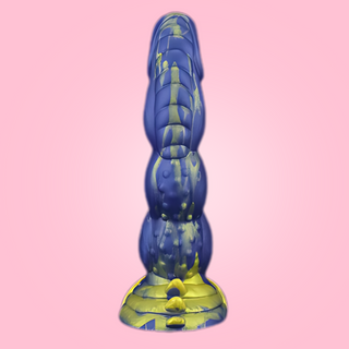 A rear view of the Azazel, you can see how the  Blue and Gold colour detail carries through the entire dildo.