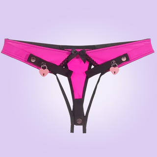 The Chastity Belt Thong is shown here in pink and black, the Sissy Clip is not attached, but the padlocks are in place.