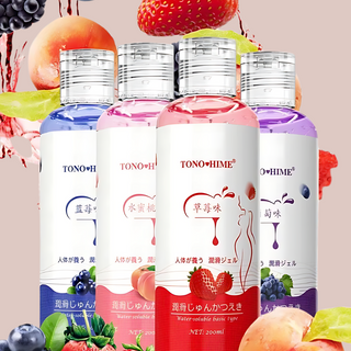 Tono HIme Fruity Lubricant in a variety of fruit flavours, blueberry, peach, strawberry and grape