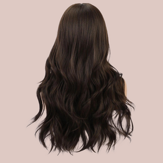 The back view of our dark brown long length wig, you can see that it has been styled with gorgeous waves.