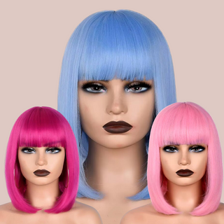 Showing all 3 colours available in this wig, hot pink, blue and light pink.