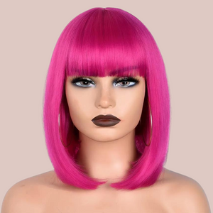 A front view of the hot pink wig