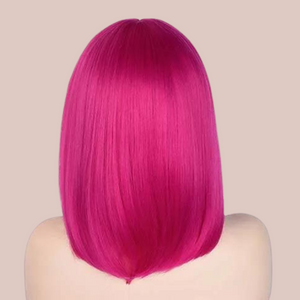 The hot pink wig shown from the back it has a flowing straight shape that sits beautifully at the back.