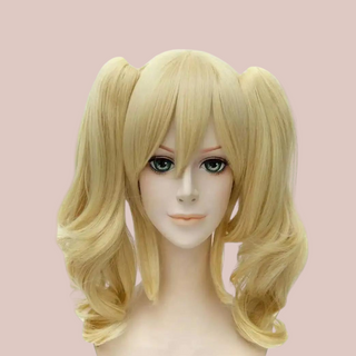 A front view of the Blonde Elfen style wig shown here with its bunches attached.