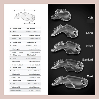 A diagram of the HT V5 range from House Of Chastity, shown are the full measurements of each chastity cage in the HT V5 range.