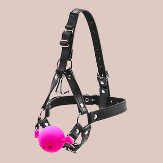 The head harness shown how it will look when placed on the head, you can see the nose hook hanging down just above the pink ball gag.