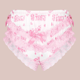 Satin High Waist Knickers with a Sissy and love heart motif carried throughout the white fabric in pink. There is pink lace detailing layered across the back and edging the legs, along with pink satin decorative bows placed strategically over the garment. This is the rear view.