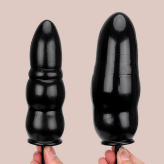 The inflatable silicone dildo is shown just inflated on the left and pumped up on the right.