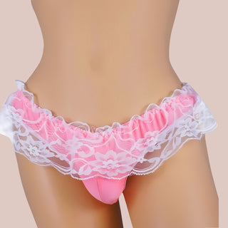 The lace skirt style tanga knickers shown being modelled in pink.