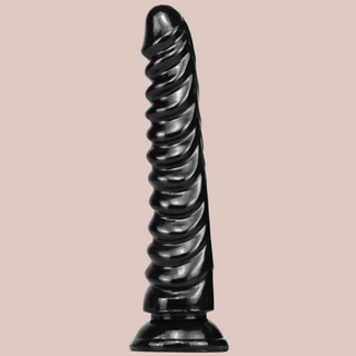 An image of the black ribbed dildo, you can see the ribbed body and sucker base.