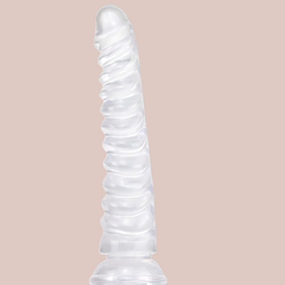 An image of the transparent ribbed dildo, you can see the ribbed body and sucker base.