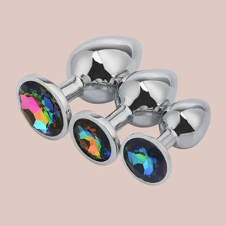 Showing the Jewelled Butt Plug set,a small, medium and large butt plug with a multi-colour jewelled base.