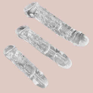 The transparent penis sleeve/enlarger shown here in transparent, you can see the small, medium and large sizes.