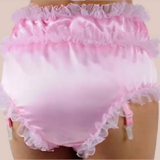 The rear view of the satin suspender belt and panties