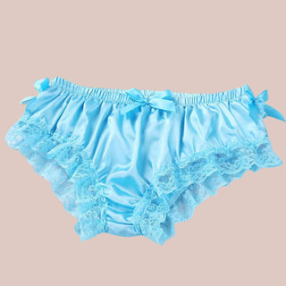 The blue satin soft panties wih lace ruffles, you an see that lace edge detailing and decorative matching blue satin bows.