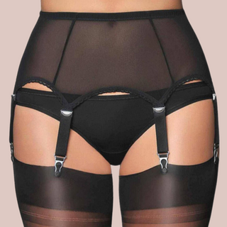 The black Sheer Six Strap Suspender Belt, you can see the sheer material and metal clasps.