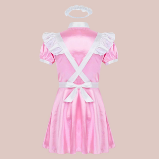 Back view of the Belinda sissy maids dress, it has a full skirt, the apron crosses over the back and ties at the waist, the satin headband can e seen above the outfit.