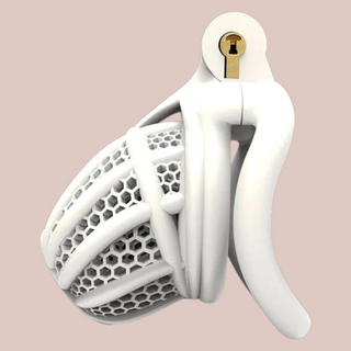 A side view of the white version of The Hive from House Of Chastity, it is fully assembled and you can see the curved ring fixed in place.