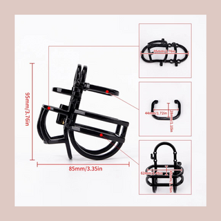 A helpul image showing all of the measurements that make up The Prison Cell chastity cage, there are a few different measurements to this cage.