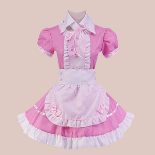 The Suzie pink maids dress, shown with its pink dress, white frilled bib, white frilled edging to the skirt, neck and sleeves, white collar and white half apron with pink bows.