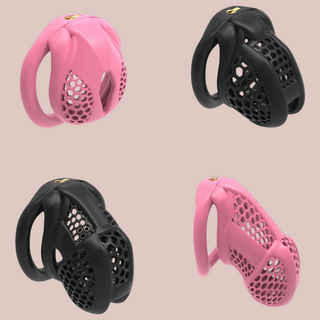 The Beehive Chasity Cage With Micro Lock, shown here are the nub, nano, small and standard in both black and pink. 