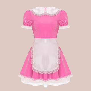 The Bianca in pink, you can see the wet look material, round doll collar and puffed sleeves.