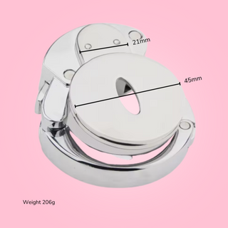 The dimensions of The Bridewell Chastity Cage. The face has a 45mm diameter.