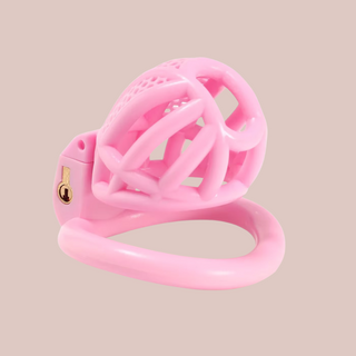 The Detained short shown here in pink, the cage is shown sitting on its base ring and you can see the underside of the chastity cage.