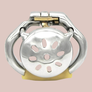 The Enthrallment chastity cage from House Of Chastity, it is shown here from the front view, the cage, base ring and integral lock are all fixed in place.