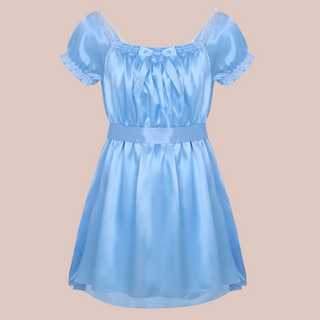 Shown here is the blue version of the satin night dress. It is an above knee length dress with a skater skirt, ruched satin bodice with decorative bow, square neckline, ruched and lace edged short sleeves and matching satin tie belt that has been tied at the back.