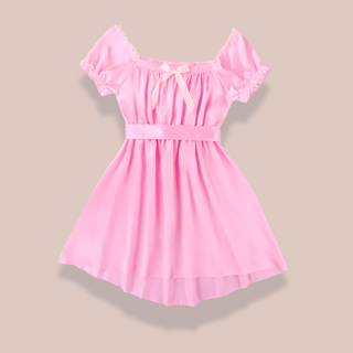 Shown here is the pink version of the satin night dress. It is an above knee length dress with a skater skirt, ruched satin bodice with decorative bow, square neckline, ruched and lace edged short sleeves and matching satin tie belt that has been tied at the back.