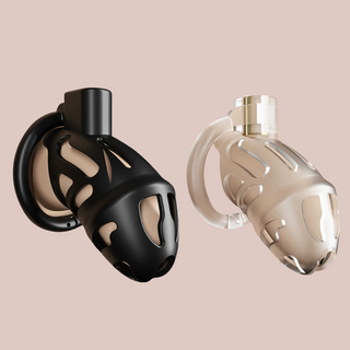 The Sevanda Chastity cages are shown here, on the left is the black version and on the right is the transparent version.