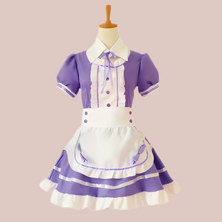 The Suzie purple maids dress, shown with its purple dress, white frilled bib, white frilled edging to the skirt, neck and sleeves, white collar and white half apron with purple bows.