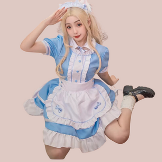 The Suzie blue maids dress, shown with its blue dress, white frilled bib, white frilled edging to the skirt, neck and sleeves, white collar and white half apron with blue bows.