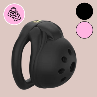 The Ultra Lightweight shown here in black, the circles to the right denote the colours of cage available which is black or pink and the logo on the left denotes that it is an  Intermediate level chastity cage.