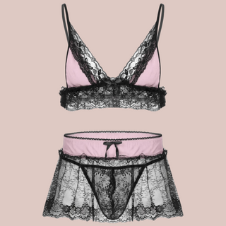 The Black/Pink three piece bra, panties and skirt lace set.