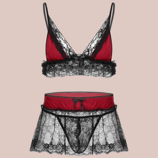 The Black/Red three piece bra, panties and skirt lace set.