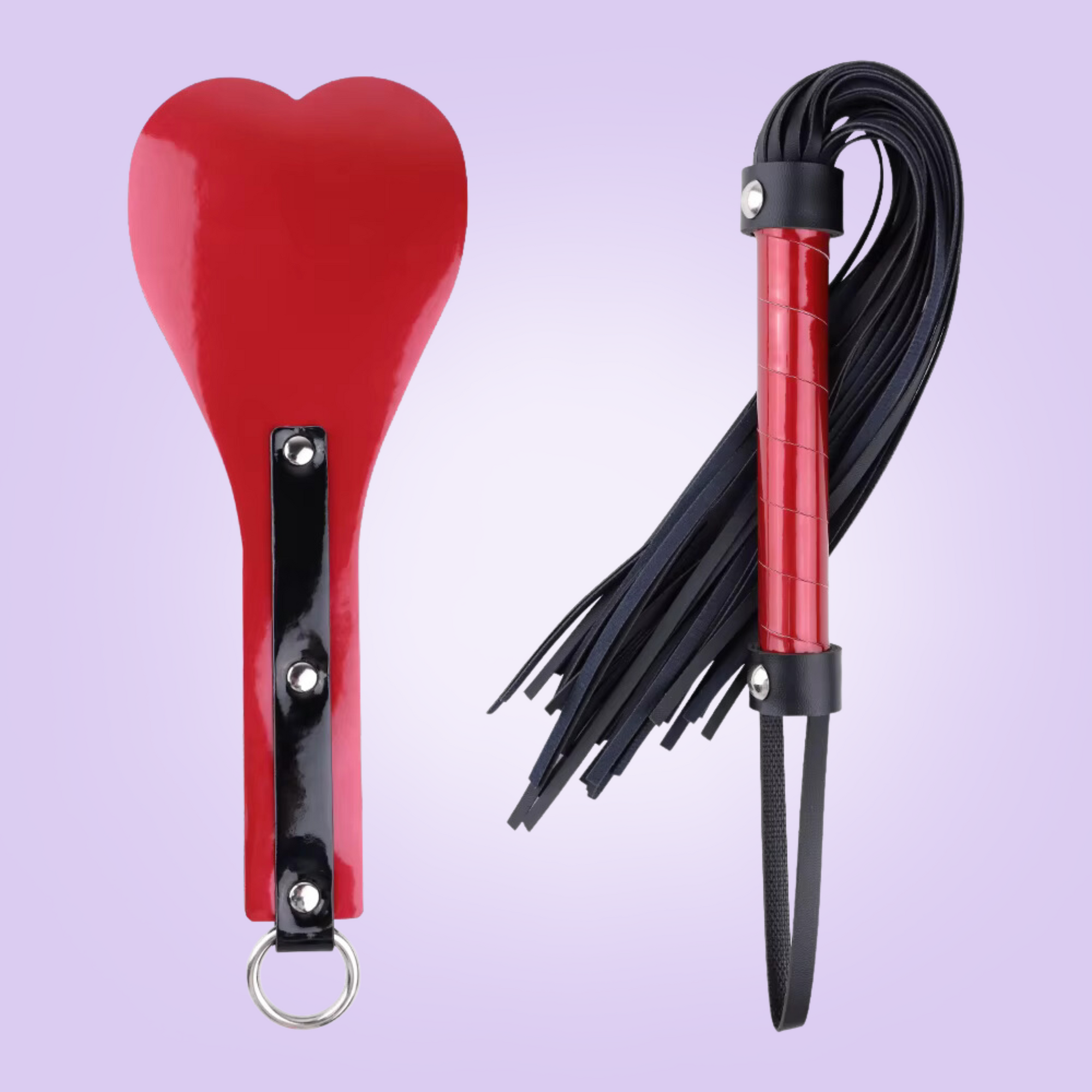 The red Two Piece spanking paddle and whip, you can see that this comes as a red and black two tone set.