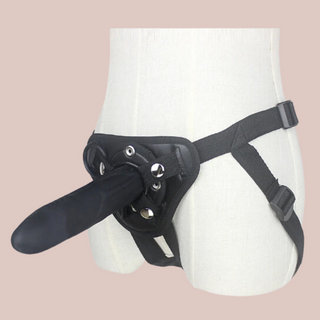 The Black Strap On Dildo wiith 18cm dildo, it is shown fully assembled.